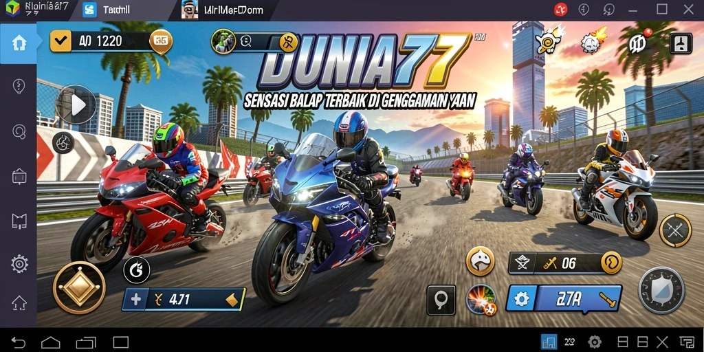 Screenshot gameplay DUNIA77 menunjukkan aksi balapan motor yang seru.