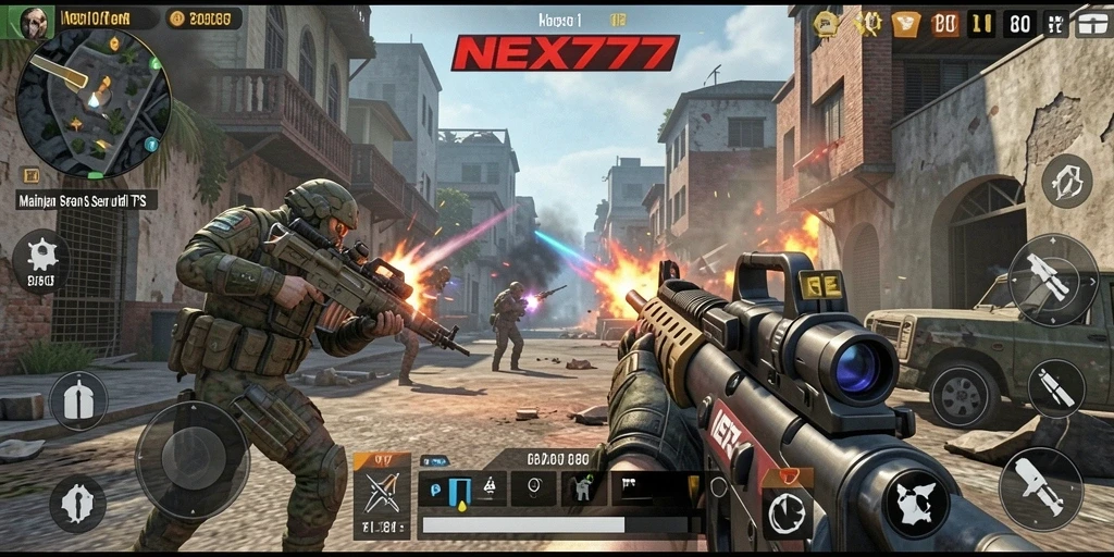 Screenshot utama NEX777 menunjukkan aksi perang seru di medan tempur.