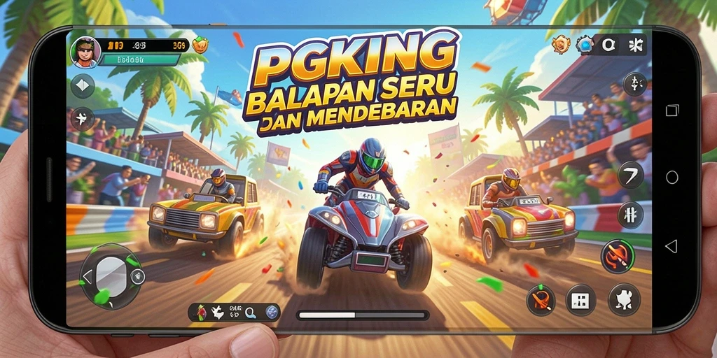 Screenshot utama PGKING menampilkan aksi balapan dramatis di trek.