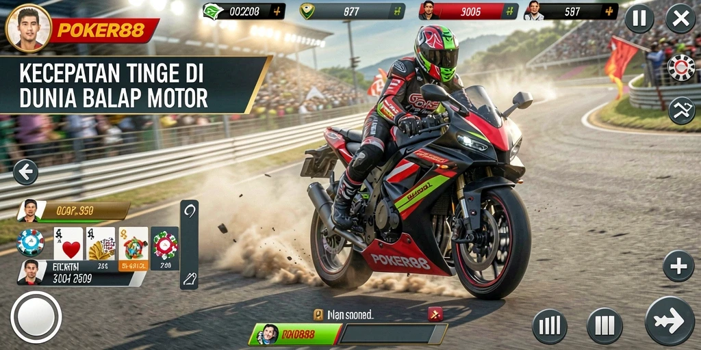 Tampilan gameplay POKER88 yang penuh aksi balap motor.